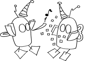 Dibujo de unos robotitos que están celebrando fiesta.