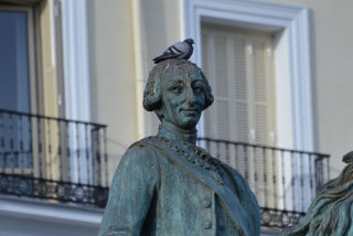 Vista más próxima de la estatua ecuestre de Carlos III
        con una paloma reposando sobre la cabeza.