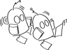 Dibujo de dos robotitos que están bailando la conga.